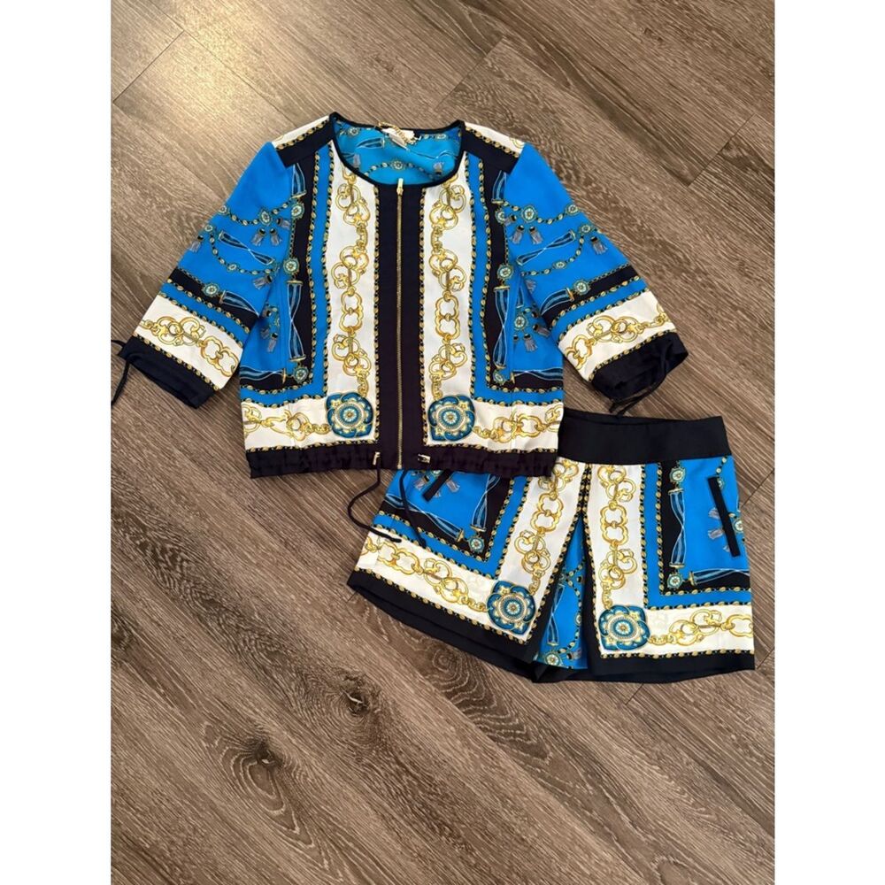 Cache Blue, White & Gold Baroque Scarf Print Jacket and Shorts Set 4 S